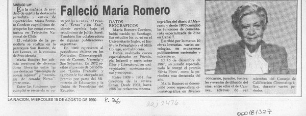 Falleció María Romero  [artículo].