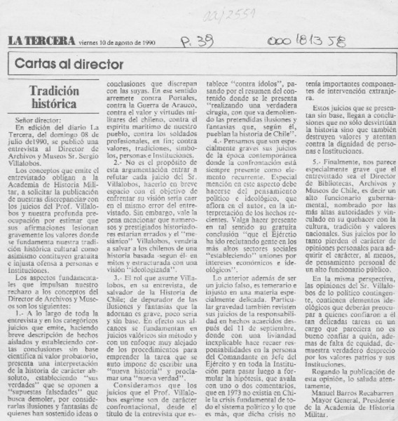 Tradición histórica  [artículo] Manuel Barros Recabarren.