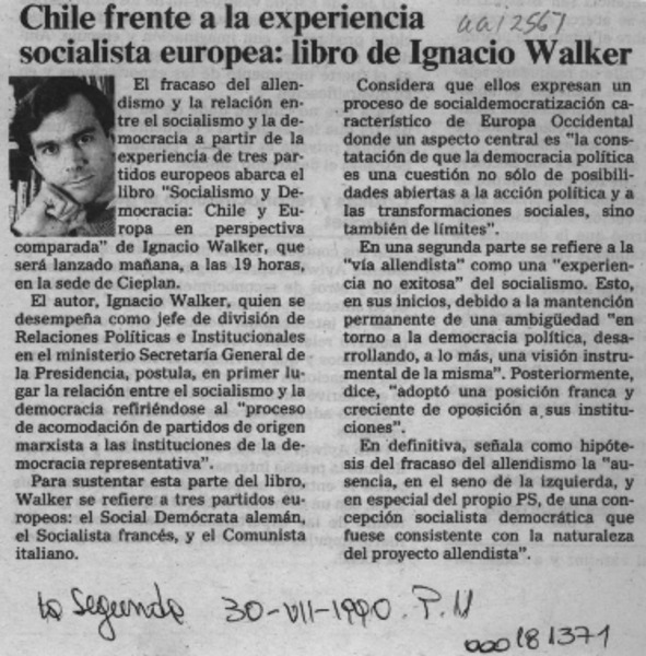Chile frente a la experiencia socialista europea, libro de Ignacio Walker  [artículo].