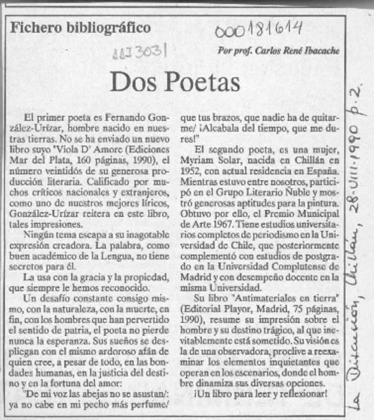 Dos poetas  [artículo] Carlos René Ibacache.