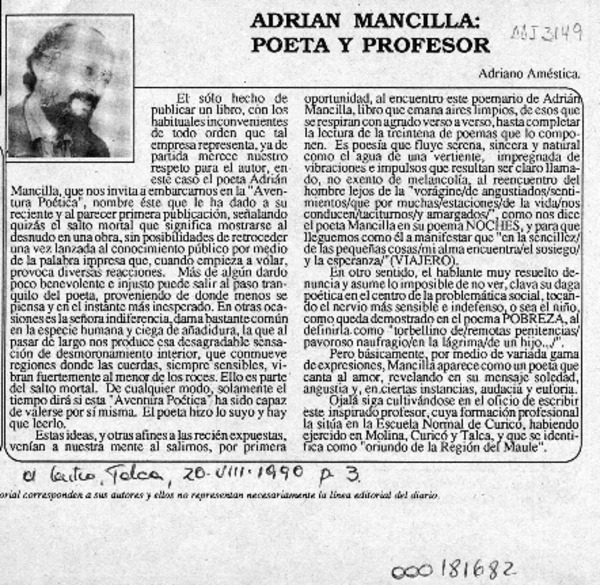 Adrián Mancilla, poeta y profesor  [artículo] Adriano Améstica.