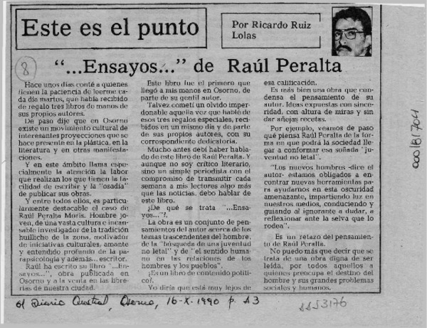 "--Ensayos--" de Raúl Peralta  [artículo] Ricardo Ruiz Lolas.