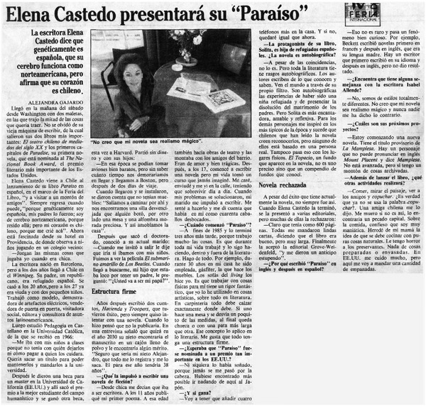 Elena Castedo presentará su "Paraíso"