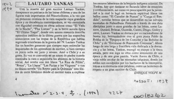 Lautaro Yankas  [artículo] Enrique Volpe M.