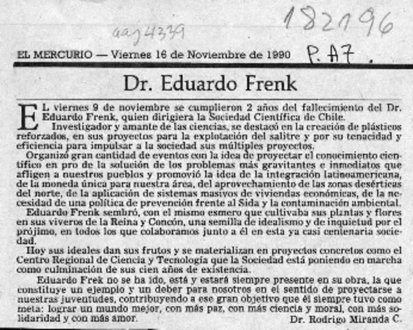 Dr. Eduardo Frenk  [artículo] Rodrigo Miranda C.