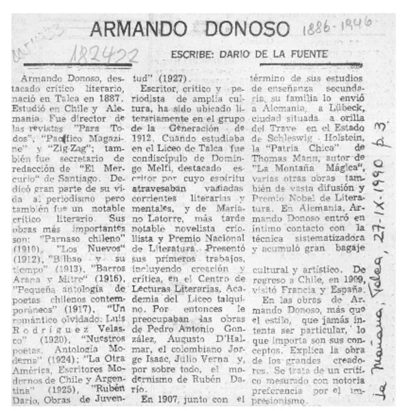 Armando Donoso  [artículo] Darío de la Fuente D.
