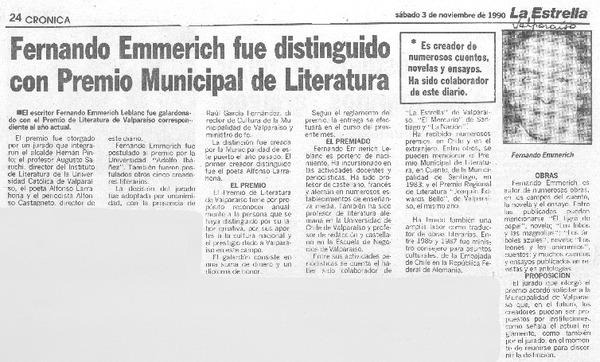 Fernando Emmerich fue distinguido con Premio Municipal de Literatura