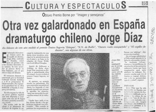 Otra vez galardonado en España dramaturgo chileno Jorge Díaz  [artículo].