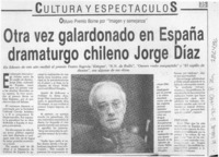 Otra vez galardonado en España dramaturgo chileno Jorge Díaz  [artículo].