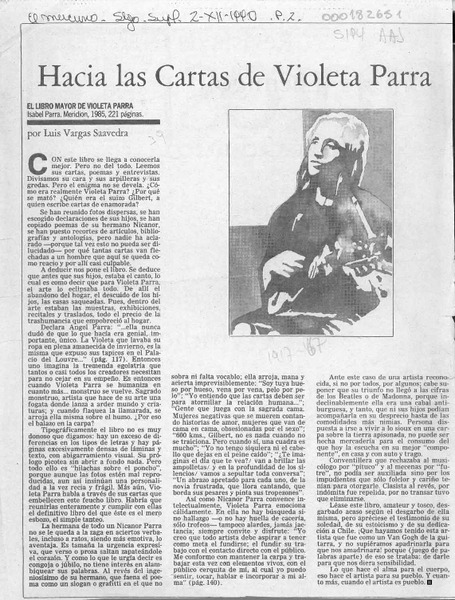 Hacia las cartas de Violeta Parra  [artículo] Luis Vargas Saavedra.