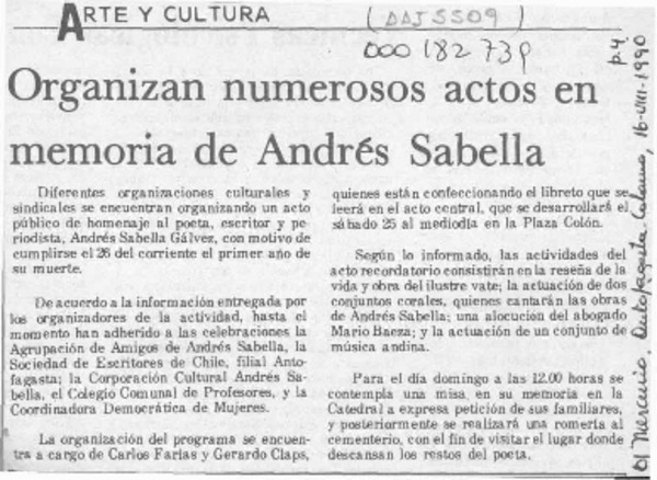 Organizan numerosos actos en memoria de Andrés Sabella  [artículo].