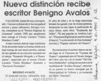 Nueva distinción recibe escritor Benigno Avalos  [artículo] Jaime Rivera.