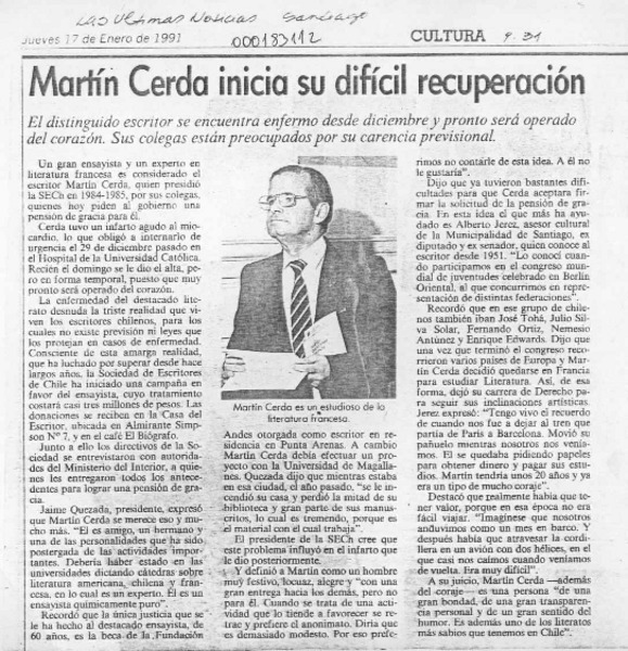 Martín Cerda inicia su difícil recuperación  [artículo].