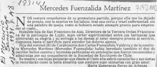Mercedes Fuenzalida Martínez  [artículo] María Esperanza Reyes de Arteaga.