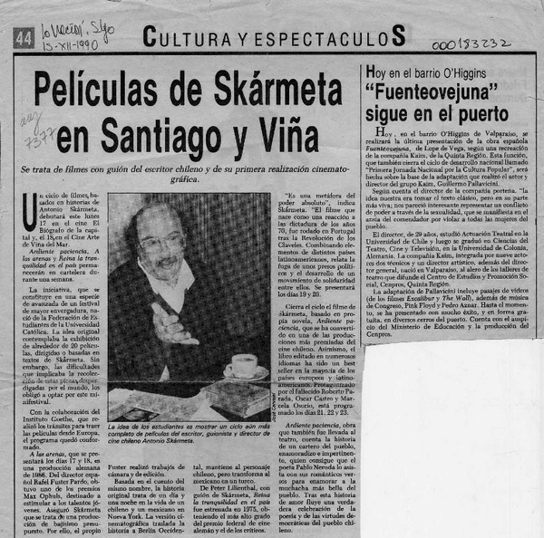 Películas de Skármeta en Santiago y Viña  [artículo].