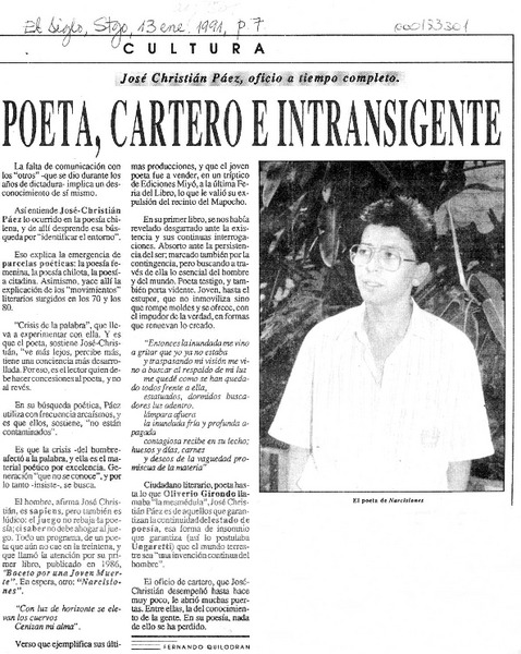 Poeta, cartero e intransigente  [artículo] Fernando Quilodrán.