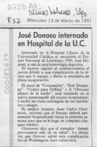 José Donoso internado en hospital de la U. C.  [artículo].