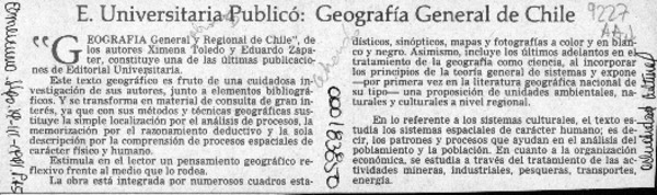 E. Universitaria publicó, geografía general de Chile  [artículo].
