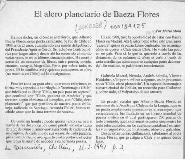 El alero planetario de Baeza Flores  [artículo] Mario Mora.