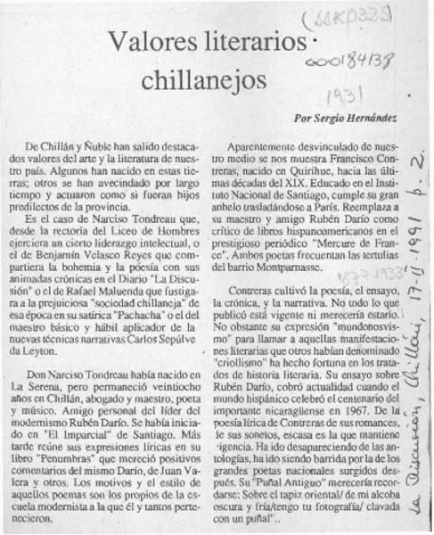 Valores literarios chillanejos  [artículo] Sergio Hernández.
