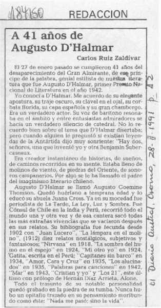 A 41 años de Augusto D'Halmar  [artículo] Carlos Ruiz Zaldívar.