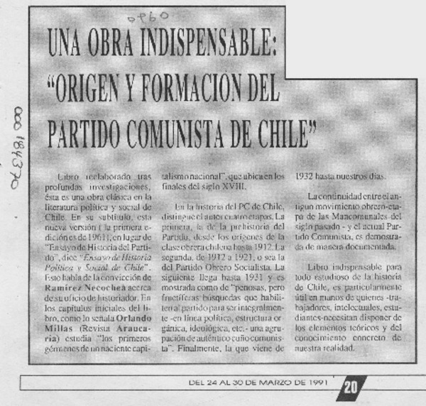 Una Obra indispensable, "Origen y formación del Partido Comunista de Chile"  [artículo].