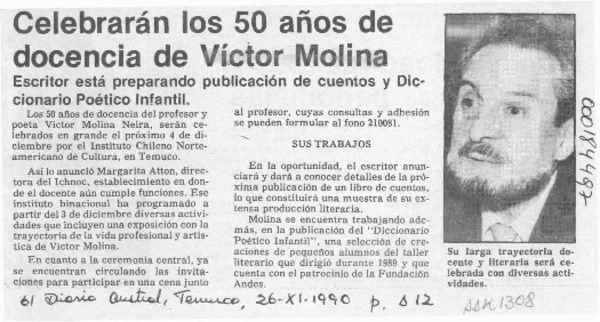 Celebrarán los 50 años de docencia de Víctor Molina  [artículo].