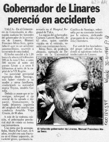 Gobernador de Linares pereció en accidente  [artículo].