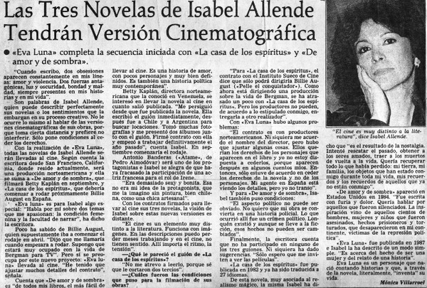 Las tres novelas de Isabel Allende tendrán versión cinematográfica