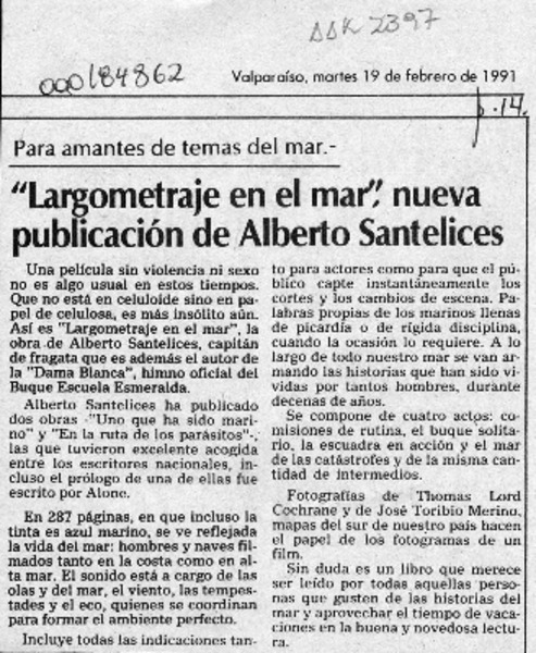 "Largometraje en el mar", nueva publicación de Alberto Santelices  [artículo].