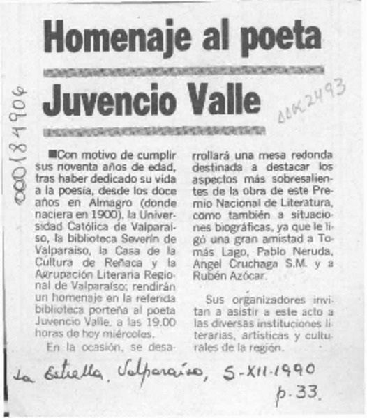 Homenaje al poeta Juvencio Valle  [artículo].