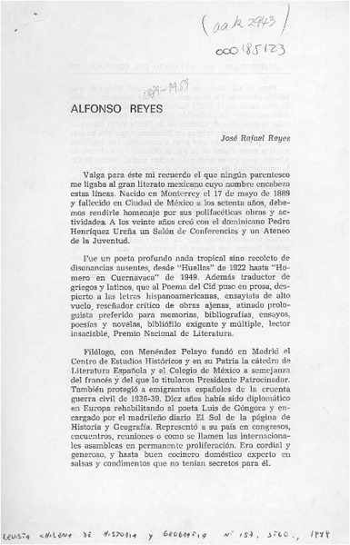 Alfonso Reyes  [artículo] José Rafael Reyes.