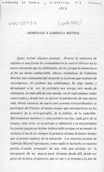 Homenaje a Gabriela Mistral  [artículo] Raúl Zurita Canessa.