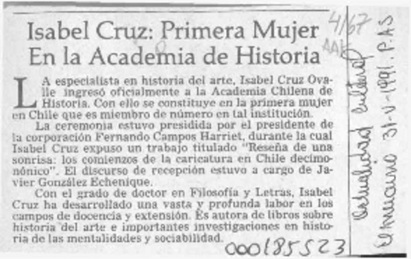 Isabel Cruz, primera mujer en la Academia de Historia  [artículo].