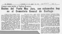 Restos del poeta Max Jara, son exhumados hoy en el Cementerio General de Santiago  [artículo].