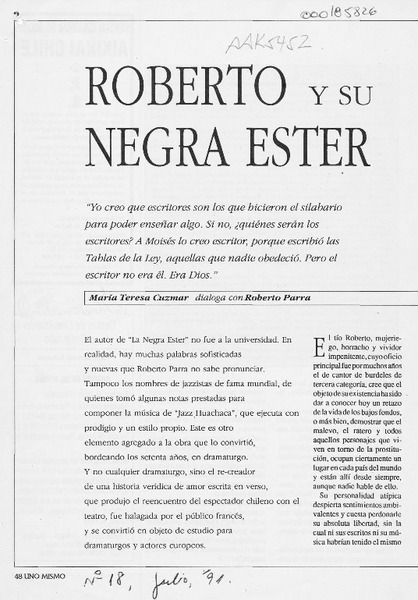 Roberto y su negra Ester  [artículo] María Teresa Cuzmar.
