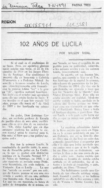 102 años de Lucila  [artículo] Wilson Vidal.