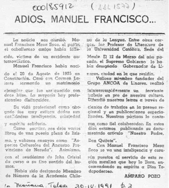 Adiós, Manuel Francisco  [artículo] Amparo Pozo.