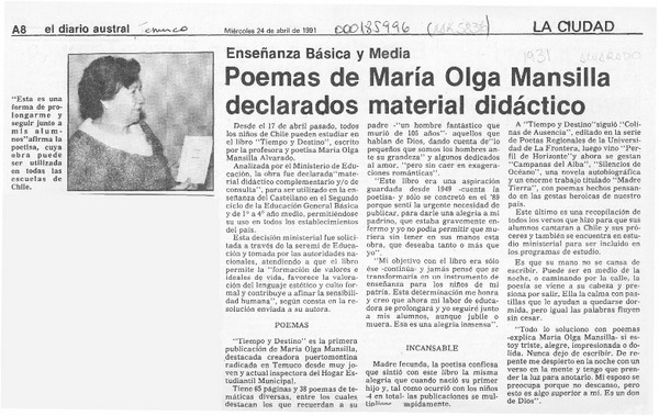 Poemas de María Olga Mansilla declarados material didáctico  [artículo].