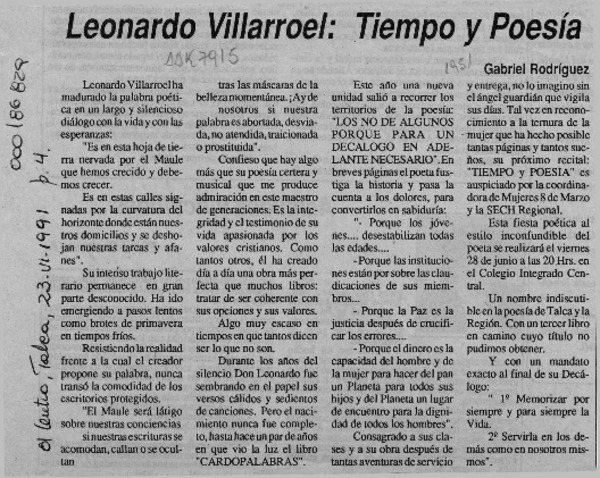 Leonardo Villarroel, tiempo y poesía  [artículo] Gabriel Rodríguez.
