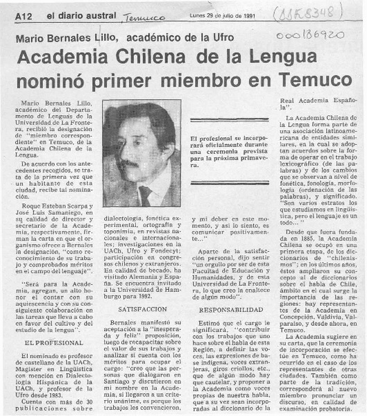 Academia Chilena de la Lengua nominó primer miembro en Temuco  [artículo].