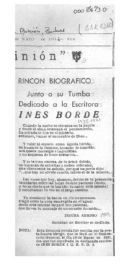 Junto a su tumba dedicado a la escritora Inés Borde  [artículo] Isaura Abrigo.