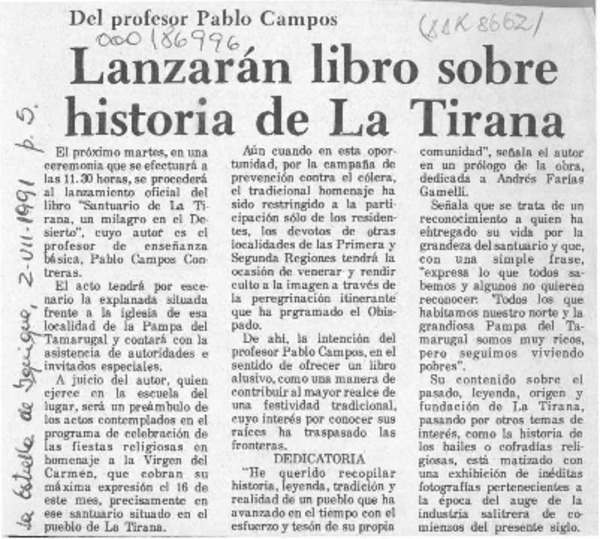 Lanzarán libro sobre historia de La Tirana  [artículo].