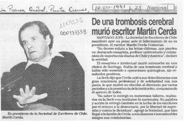 De una trombosis cerebral murió escritor Martín Cerda  [artículo].