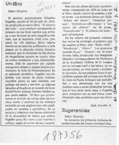 Silvestre Fugellie, "El silencio del indio"  [artículo] José Arraño Acevedo.