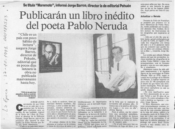 Publicarán un libro inédito de Pablo Naruda  [artículo] Jorge Leiva.