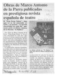 Obras de Marco Antonio de la Parra publicadas en prestigiosa revista española de teatro  [artículo].