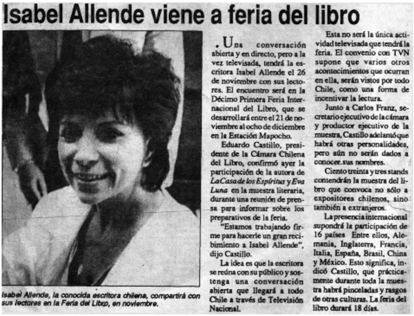 Isabel Allende viene a feria del libro