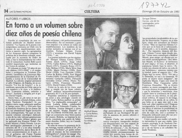 En torno a un volumen sobre diez años de poesía chilena  [artículo] Filebo.