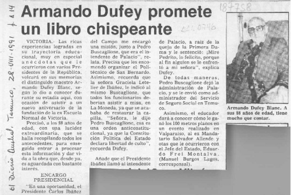 Armando Dufey promete un libro chispeante  [artículo] Manuel Burgos Lagos.